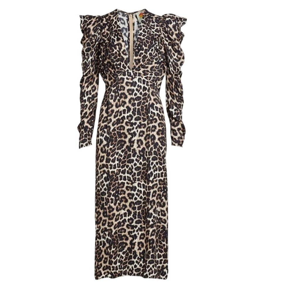 Farm Rio Ruched Leopard V-Neck Satin Midi-Dress